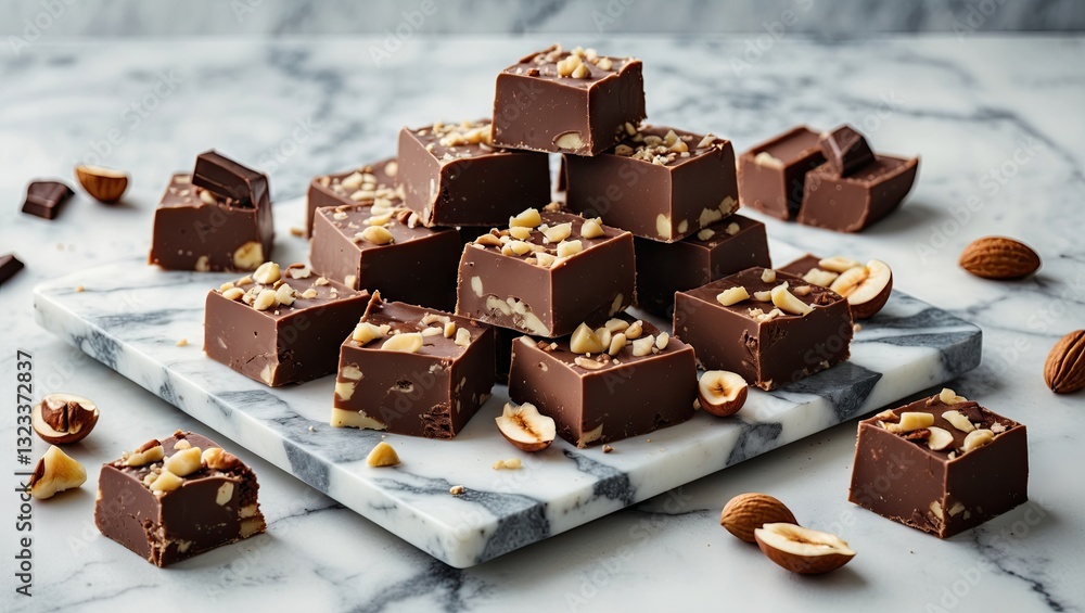 Poster chocolate fudge candy with nuts arranged on a marble tray, stacked pieces with whole nuts scattered 
