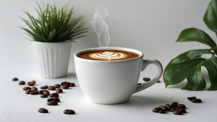 Steaming latte art in a white cup positioned left, surrounded by coffee beans, green plant, and leaf details on a clean white background.