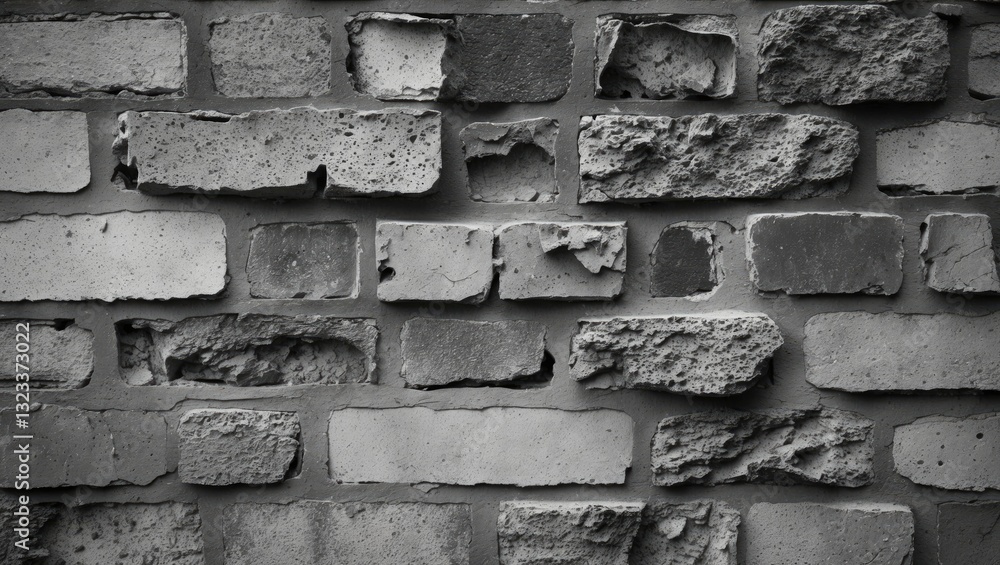 Poster close-up detail of textured wall featuring uneven gray and black bricks with various shades and roug