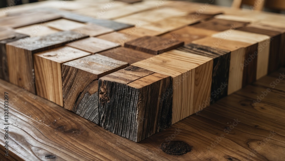 Poster close-up of a rustic tabletop featuring an arrangement of various wood blocks in brown and beige hue