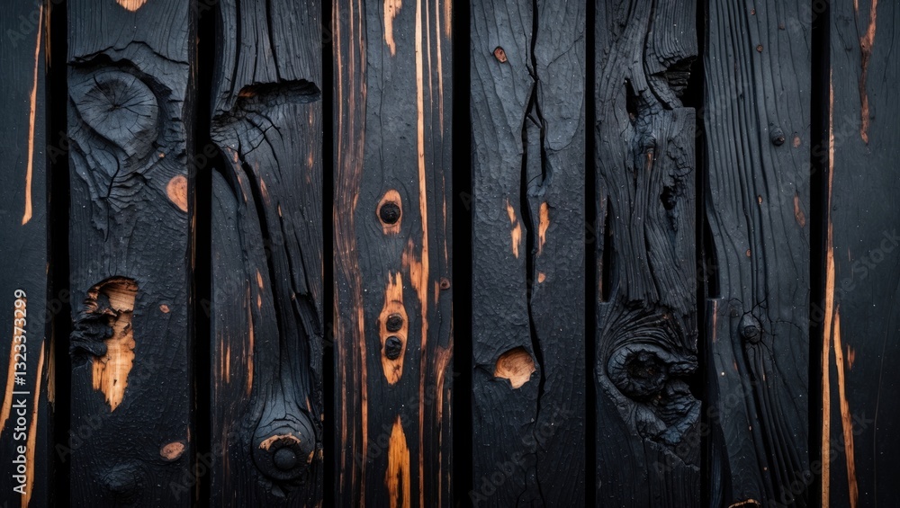 Poster textured charred wood background with deep black tones and hints of orange highlight, showcasing rus
