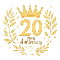 20 years anniversary emblem with gold crown and laurel leaves, celebrating milestone with elegance