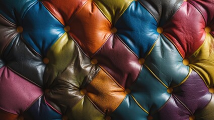 Vibrant multi-colored tufted leather upholstery background with rich textures in orange, blue, green, purple, and red, showcasing deep shadows and highlights.
