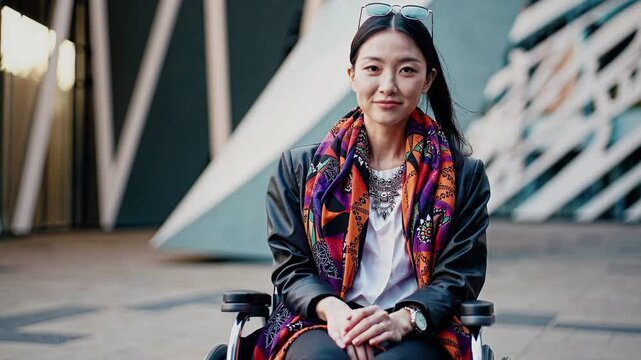 Young Asian Woman in a Wheelchair Posing Confidently Outdoors Amidst Modern Architectural Design