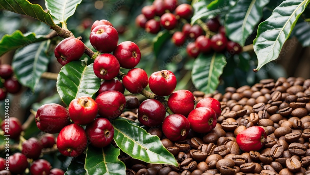 Poster close-up of vibrant red coffee cherries on green leaves with raw coffee beans scattered below creati