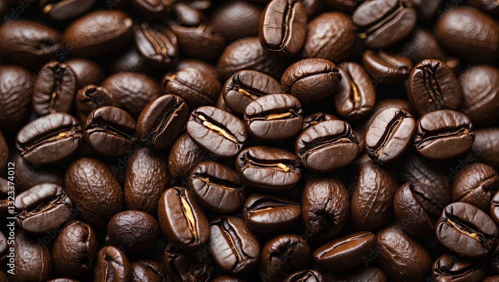 Poster Close-up view of roasted coffee beans in rich brown tones scattered on a dark surface with ample space for text or design on the right side.