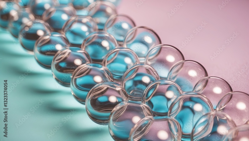 Poster transparent air bubbles arranged in a row on a pink and turquoise pastel background, creating a mesm
