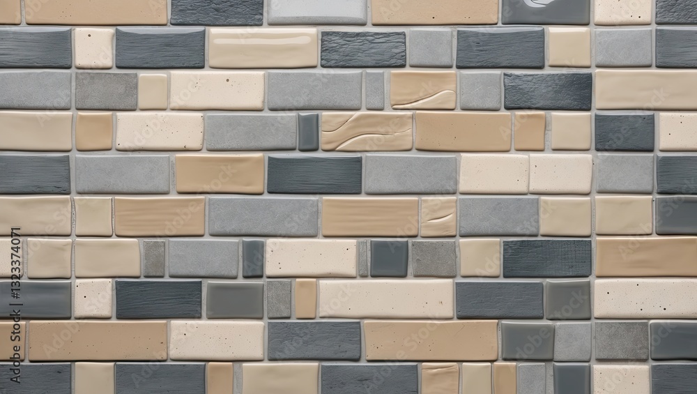 Poster elegant mosaic tile design featuring a mix of beige, gray, and cream rectangular tiles arranged in a