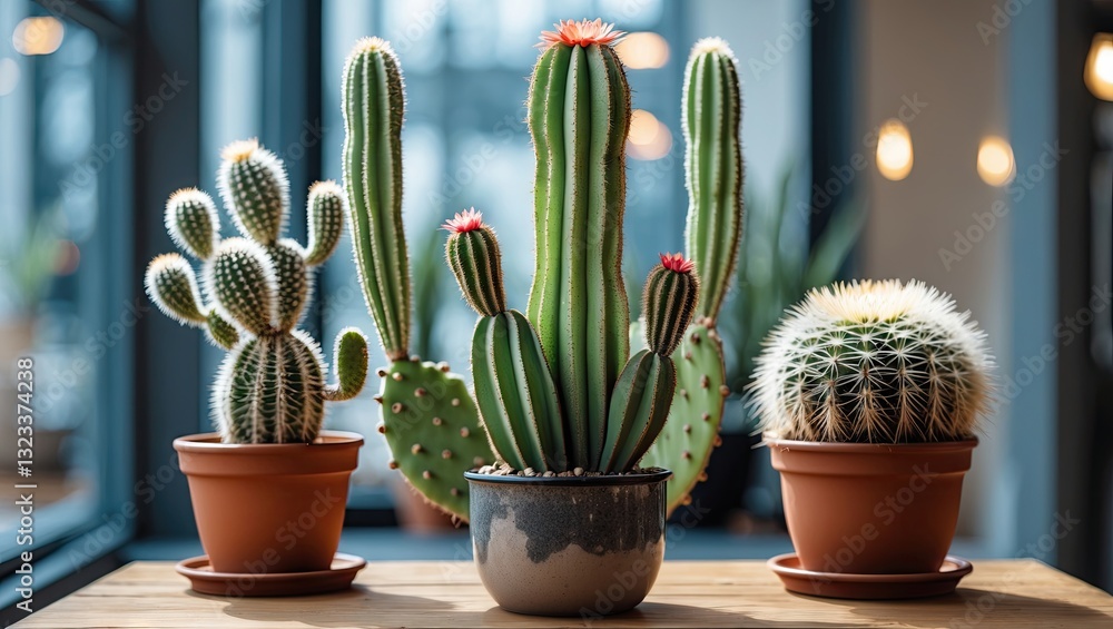 Poster cacti arrangement featuring three distinct species in clay pots on a wooden table with soft natural 