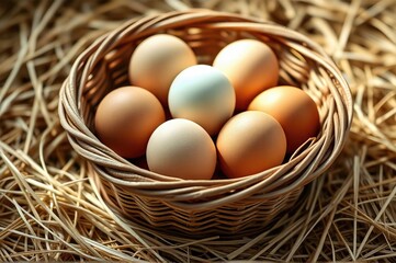 Heritage Harvest  Freshly Gathered Farm Eggs Nestled in Handwoven Basket Upon Golden Straw Bedding Reminiscent of Traditional Countryside Living