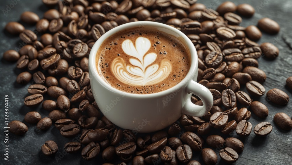Aufkleber Coffee cup with latte art surrounded by roasted coffee beans on a dark surface creating a warm and inviting atmosphere with copyspace available.