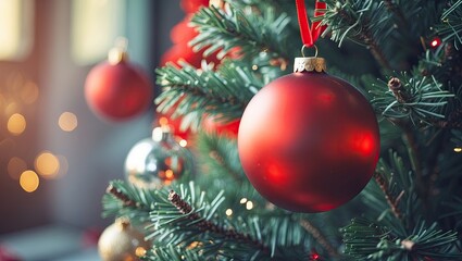Close-up of a glossy red Christmas bauble hanging from a lush green tree branch with soft golden bokeh background and ample copy space on the right