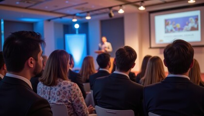 Obraz premium Professional Audience Engaged in Business Presentation at Corporate Event in Modern Conference Room
