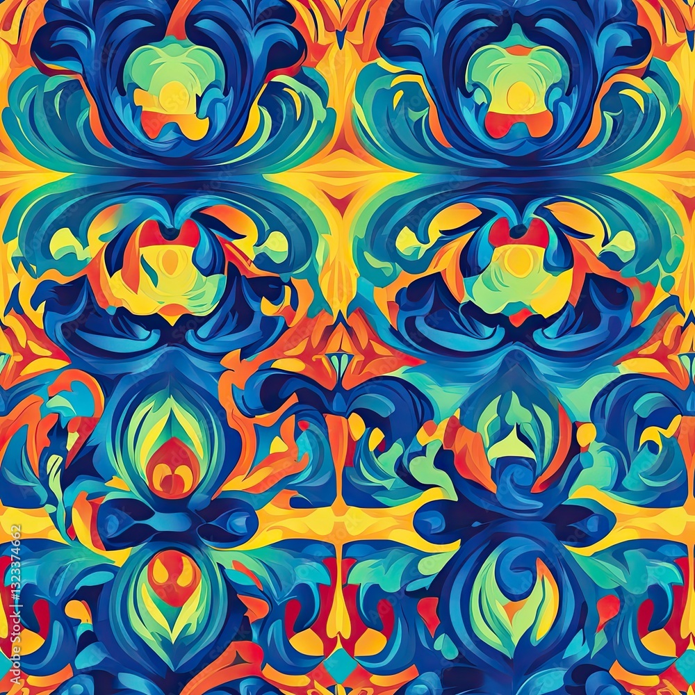 Poster exotic scrollwork and tropical seamless pattern design for textile and web