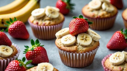 Freshly baked strawberry banana muffins topped with sliced strawberries and bananas, featuring a soft beige background and vibrant fruit colors.