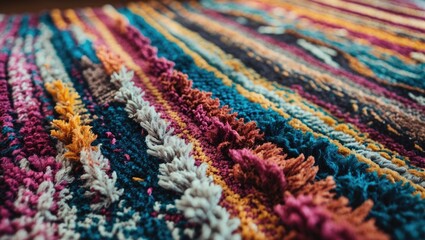 Obraz premium Vibrant multicolored carpet texture with bold pink, blue, yellow, and white strands in an abstract pattern, angled view highlighting depth and detail.