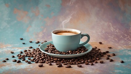 Pastel blue coffee cup filled with steaming coffee positioned on a matching saucer surrounded by scattered coffee beans on a textured backdrop