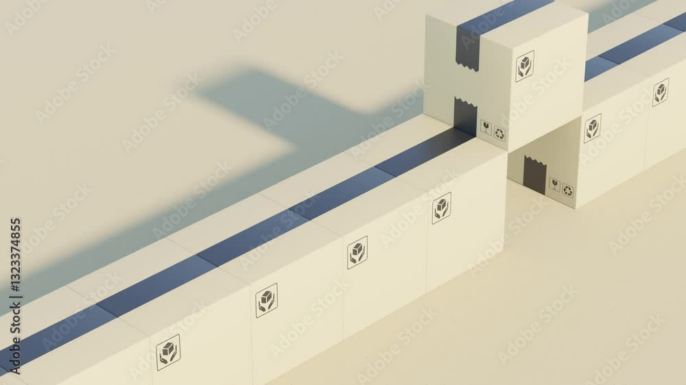 Poster abstract 3d animation of cardboard delivery boxes with black labels – realistic parcel packaging con