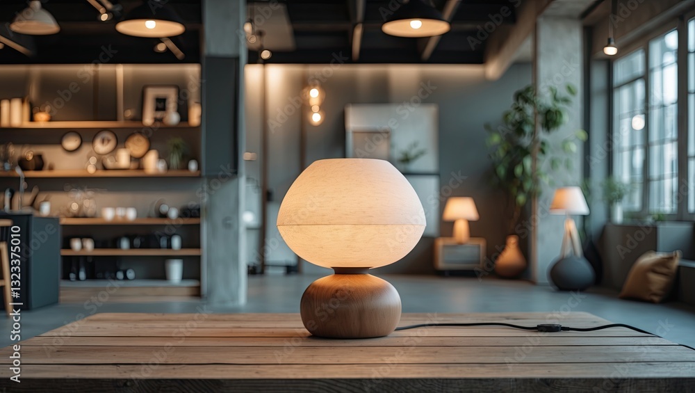 Aufkleber modern minimalist lamp with circular shade on wooden table in loft-style interior featuring gray wal