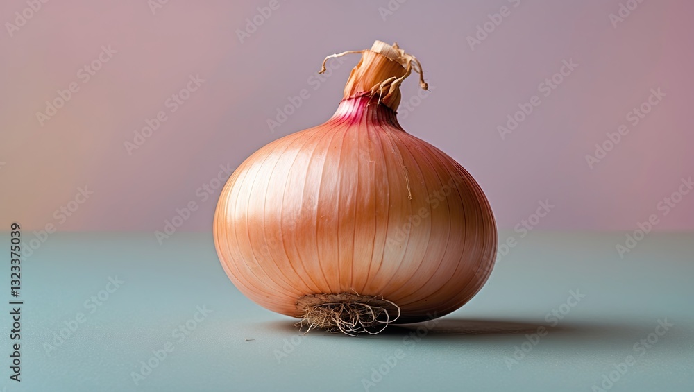 Poster Close-up of a ripe brown onion on a soft teal surface with a pastel pink and lilac gradient background highlighting its texture and color.