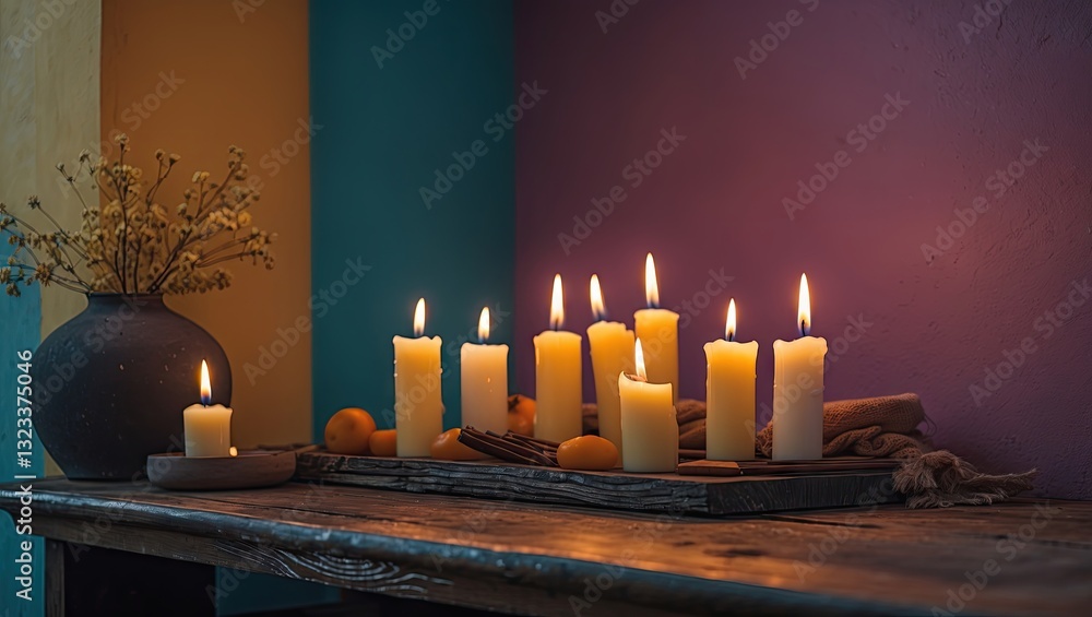 Poster candles flickering on a rustic wooden table with a purple and teal wall backdrop creating a cozy atm