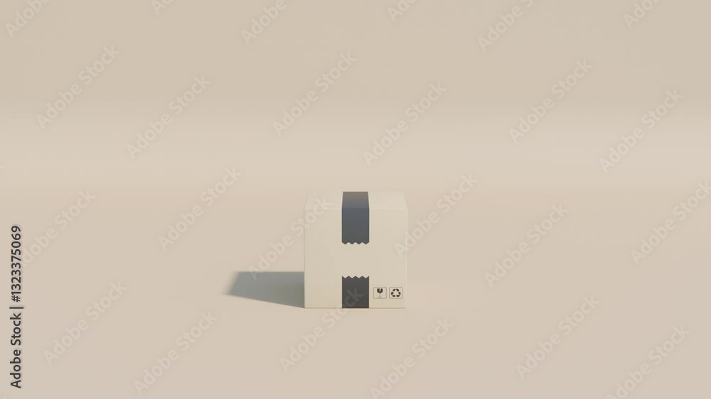 Poster seamless loop 3d animation featuring realistic shipping box with cardboard texture and bold black la
