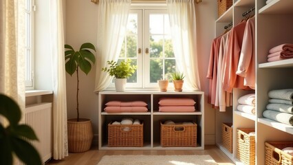Sunlit Closet with Organized Storage and Pastel Clothing