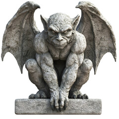 A menacing stone gargoyle, featuring wings and claws, perched in a poised stance, exuding an ominous presence in muted gray tones.