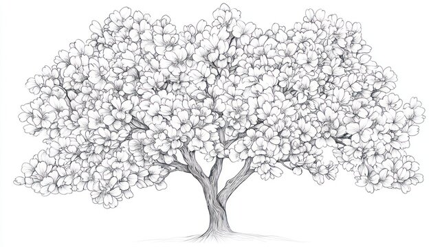Blooming tree, spring, garden, nature, pencil sketch, illustration, design, decor