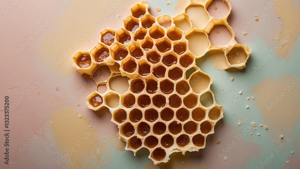 Aufkleber Close-up of golden honeycomb arranged on a soft pastel background with hexagonal shapes highlighted in warm tones and textures.