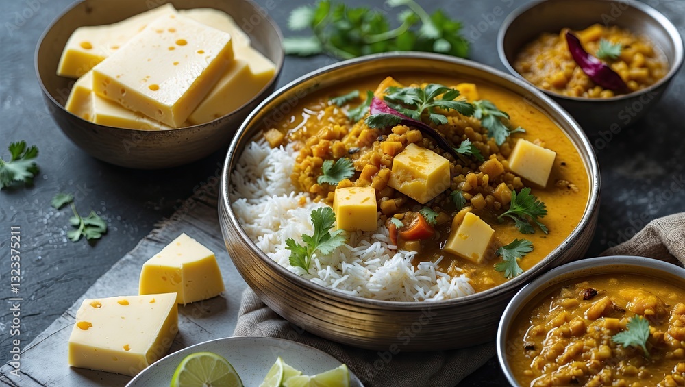 Poster bowl of yellow dal with cheese cubes served over white rice garnished with fresh coriander on a dark