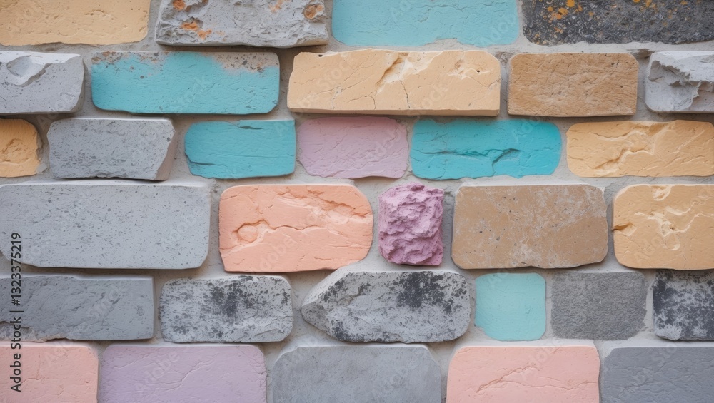Poster pastel colored concrete stone texture featuring beige, pink, and teal bricks arranged in a rustic, a
