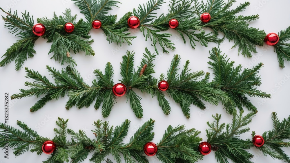Aufkleber festive flat lay of conifer tree branch garlands with red baubles on a clean white background, arran