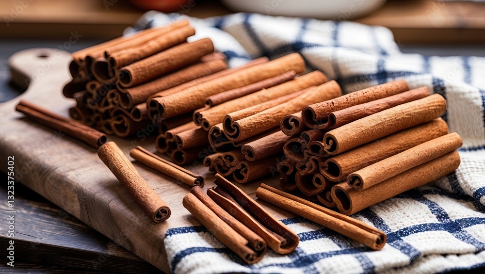 Poster cinnamon sticks artfully arranged on a wooden board with a blue and white checkered towel creating a