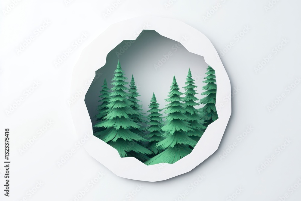 Poster a white circle with trees in it. the trees are green and are in a forest