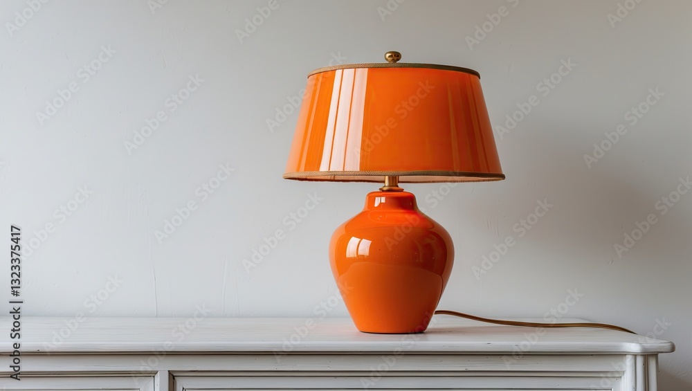 Aufkleber stylish orange table lamp with a shiny shade positioned on a white wooden surface against a plain wh