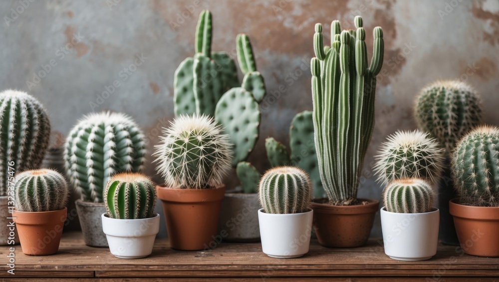 Poster assorted cacti in terracotta and white pots arranged on a rustic wooden shelf against a textured bei