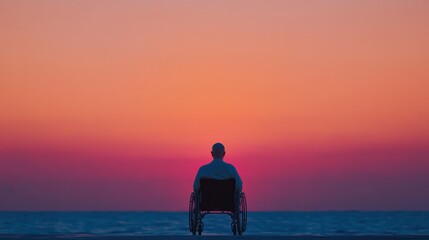 Obraz premium Serene Sunset View of a Person in a Wheelchair by the Ocean, Reflecting Peace and Calmness with Vibrant Pink and Orange Sky at Dusk
