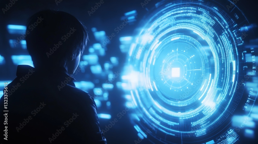 Poster businessman analyzing a glowing circular data display filled with various business statistics, embod