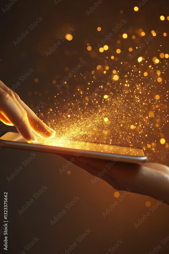 Poster a person holds a tablet with a bright and glowing screen, great for illustrations of modern technolo