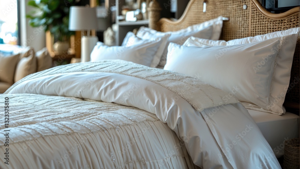 Poster elegant white bedding set with intricate texture displayed on a cozy bed in a stylish home decor sto