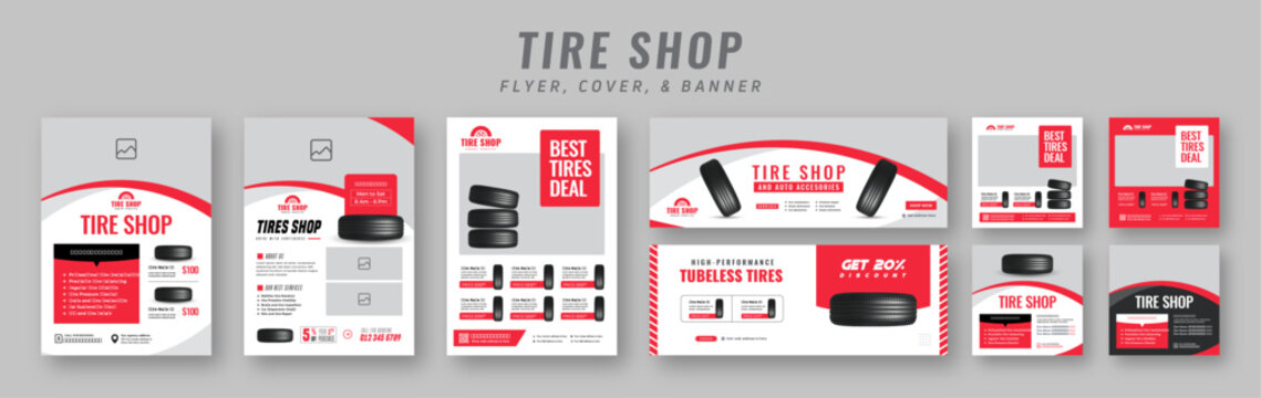 Tire shop flyer and banner bundle | Car service promotion catalog | Auto repair advertising template | Social media post and tire sales marketing design