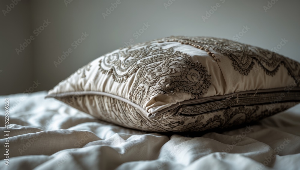 Poster elegant close-up of a textured decorative throw pillow in muted gold and cream tones, positioned on 