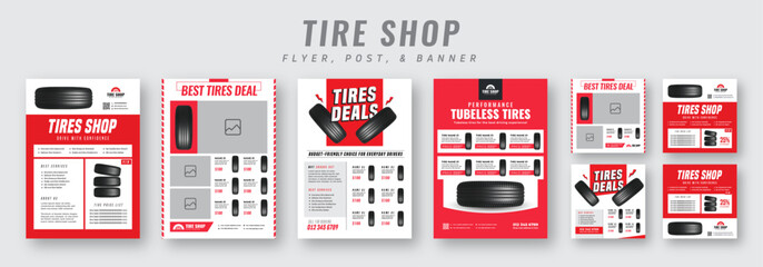 Tire shop flyer and banner bundle | Car service promotion catalog | Auto repair advertising template | Social media post and tire sales marketing design