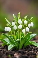 Fototapeta premium Snowdrop flowers bloom in early spring amidst lush green leaves near the forest floor