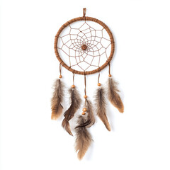 Handcrafted dreamcatcher with feathers hanging on white background
