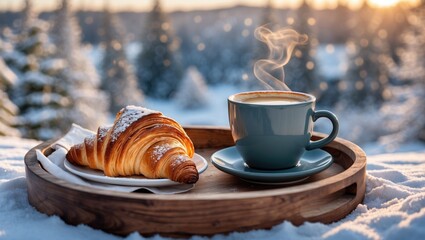 Breakfast scene featuring a steaming cup of coffee in a teal mug beside a golden croissant on a wooden tray against a snowy landscape.