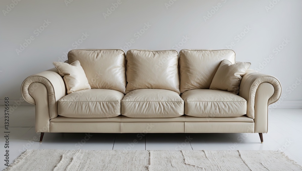 Poster cream leather sofa with plush cushions centered in a minimalist white space, accented by a textured 