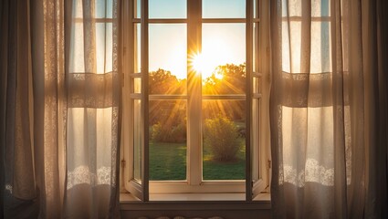 Sunlight streaming through sheer white curtains of an open window, illuminating a serene garden with vibrant green hues under a clear blue sky.