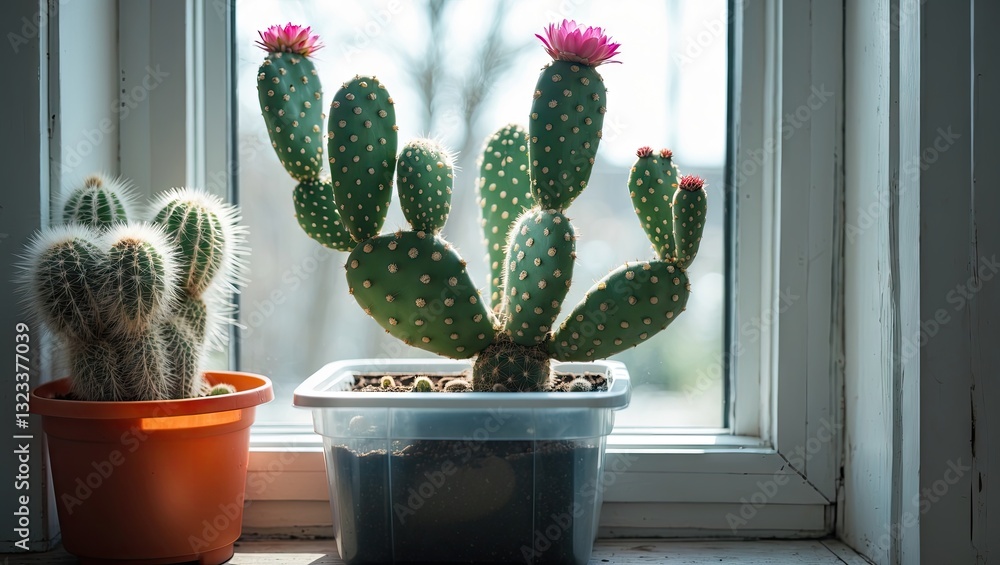 Aufkleber cactus with pink flowers in a clear plastic container on a windowsill beside a smaller cactus in an 